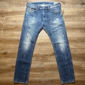 Diesel Thavar Jeans Men 33x32 Blue Slim Skinny Medium Wash Faded Thrashed 008B9